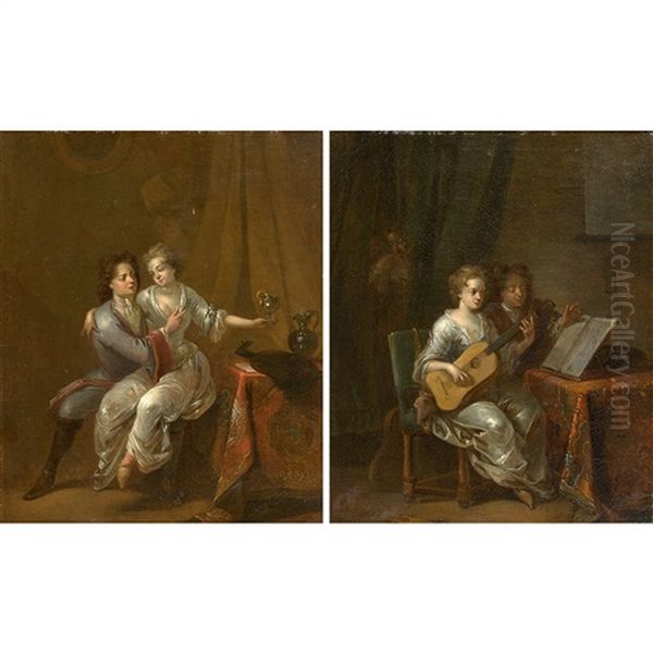 Un Couple De Musiciens Et Une Scene Galante (pair) Oil Painting by Balthasar Van Den Bossche