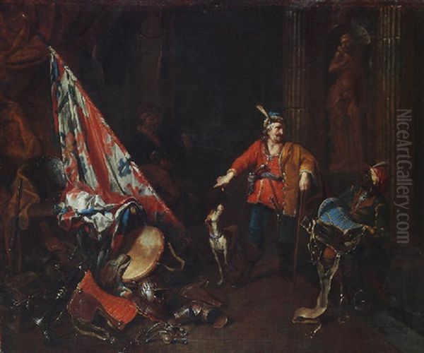 A Palatial Interior Scene With A Guardsman And A Turbaned Attendant, Pointing To A Pile Of Cavalry Paraphernalia Oil Painting by Balthasar Van Den Bossche