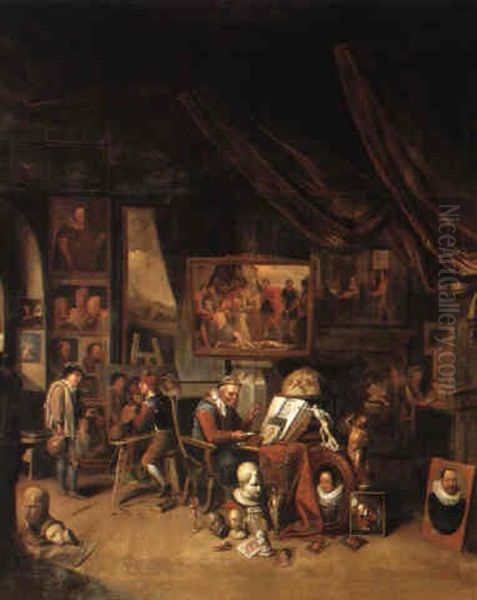 Artists At Work In A Studio Oil Painting by Balthasar Van Den Bossche