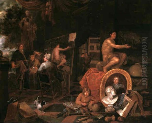 An Interior Of An Artist's Studio With An Apprentice        Sprawled On The Floor, Amongst A Collection Of Books, Oil Painting by Balthasar Van Den Bossche