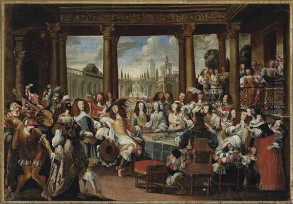 An Elegant Company At Table In A Loggia, With Commedia Dell'arte Zanies, Pickpockets And Musicians In A Mezzanine, An Italianate Palace Courtyard Beyond Oil Painting by Abraham Bosse