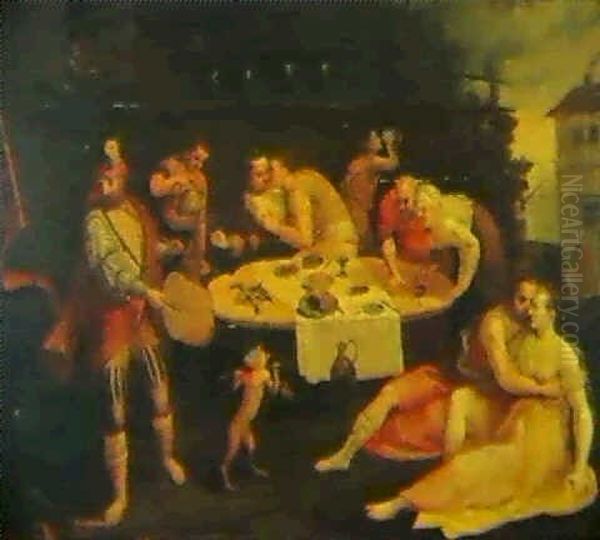 Figures Feasting At A Table In A Landscape Oil Painting by Ernst-Gotthilf Bosse