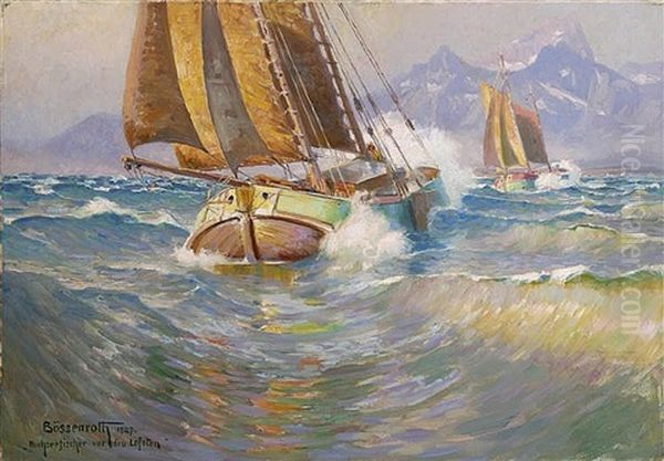 Fishing Boats In The Lofoten Islands Oil Painting by Karl Boessenroth