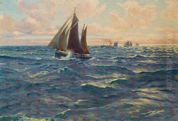 Fishing Boat In The North Sea Oil Painting by Karl Boessenroth