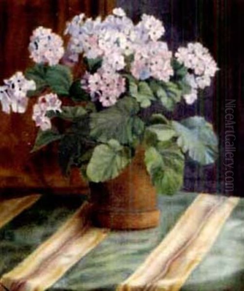 Blumentopf Auf Gestreifter Decke Oil Painting by Albert Bosshard