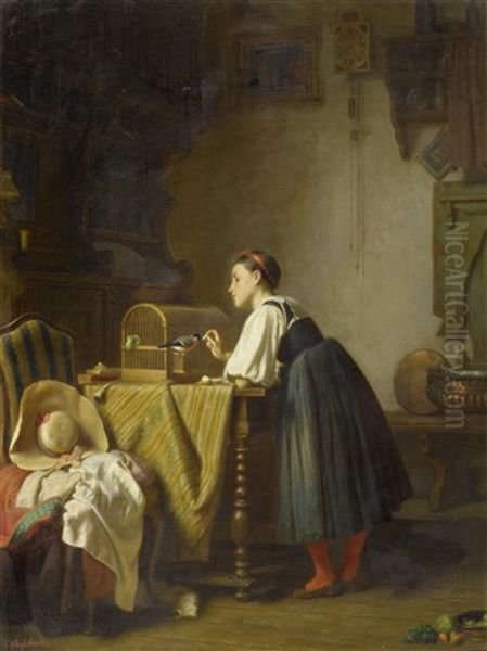 Interieurszene Mit Einem Madchen Oil Painting by Johann Caspar Bosshardt