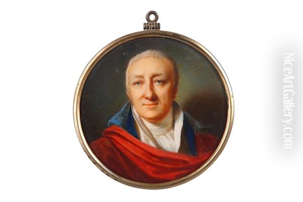 Portrait Miniature Of A Gentleman, Wearing A Blue Coat, White Chemise And White Stock, A Red Cloak Worn Over His Shoulders Oil Painting by Domenico Bossi