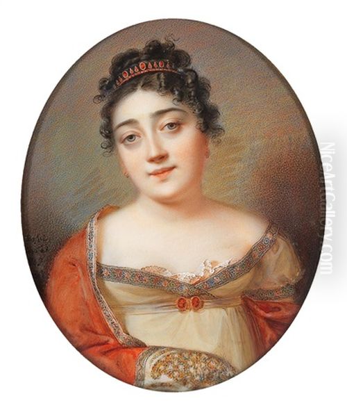 A Portrait Of A Young Lady With Black Curls And A Ribbon With Red Gems In Her Hair Oil Painting by Domenico Bossi