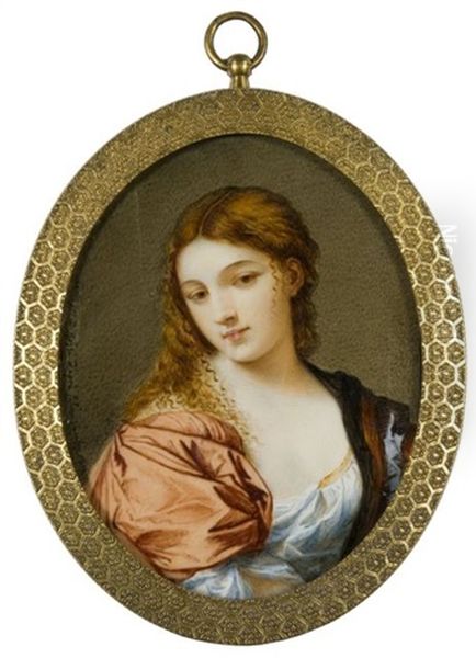 Jeune Femme Au Drape Rouge (after Palma Il Vecchio) Oil Painting by Domenico Bossi