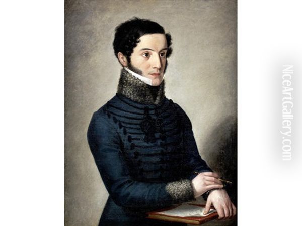 Portrait Of A Gentleman, Half-length, In A Dark Blue Coat With Fur-trimmed Collar And Cuffs, Holding A Pen, Paper And Book Oil Painting by Giuseppe Bossi