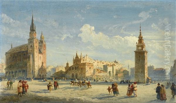 Mariacki Square With The Cloth Hall, Cracow Oil Painting by Carlo Bossoli