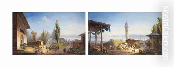 A View Of Constantinople From Scutari Over The Bosphorus With Figures By A Fountain; A View Of Constantinople Over The Galata Tower... (pair) Oil Painting by Carlo Bossoli