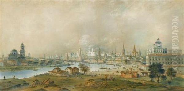 View Of The Moscow Kremlin From Ustinsky Bridge Oil Painting by Carlo Bossoli