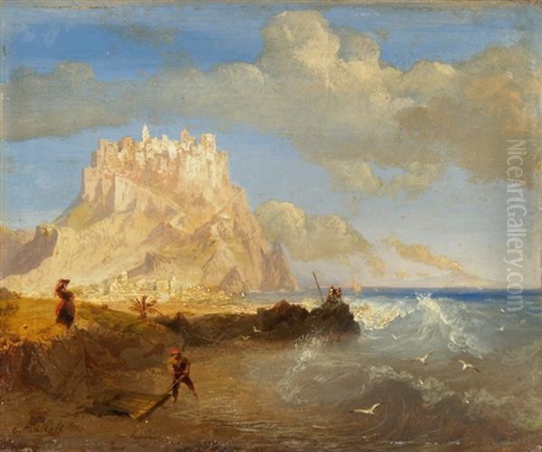 Meeresbrandung Vor Einem Felsen Mit Festung Und Vulkan Im Hintergrund Oil Painting by Carlo Bossoli