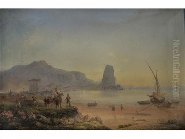 Mittelmeerlandschaft Mit Historischer Szenerie Der Italienischen Befreiungskriege Unter Garibaldi Oil Painting by Carlo Bossoli