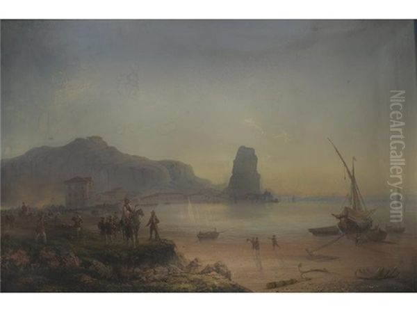 Mittelmeerlandschaft Mit Historischer Szenerie Der Italienischen Befreiungskriege Unter Garibaldi Oil Painting by Carlo Bossoli