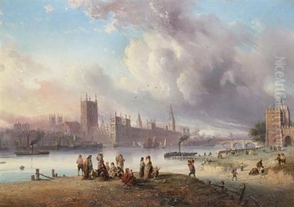 A View Of Westminster Palace From Lambeth (+ A View Of The City Of London From Bank; Pair) Oil Painting by Carlo Bossoli