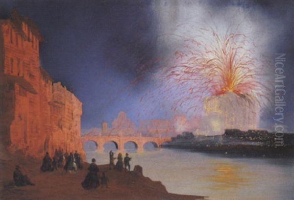 Roma, Fuochi D'artificio A Castel S. Angelo Oil Painting by Carlo Bossoli