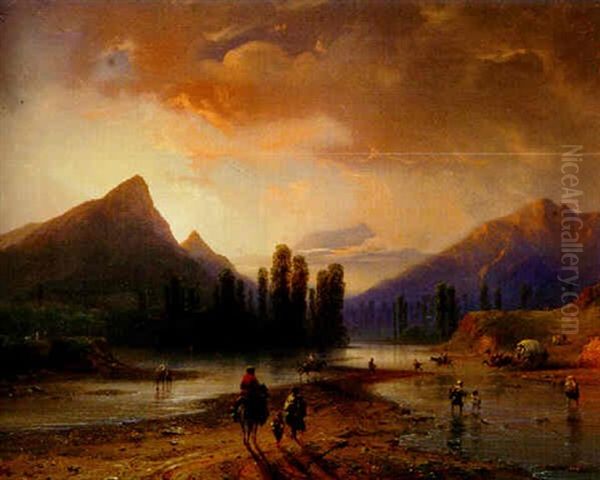 Fluslandschaft Mit Figurenstaffage Im Abendlicht Oil Painting by Carlo Bossoli