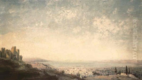 Smyrna From The Citadel On Mount Pagus, The Cesme Peninsula... Oil Painting by Carlo Bossoli