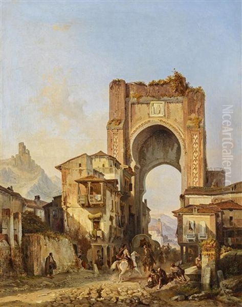 Belebte Strase Mit Maurischem Stadttor Oil Painting by Francois Antoine Bossuet