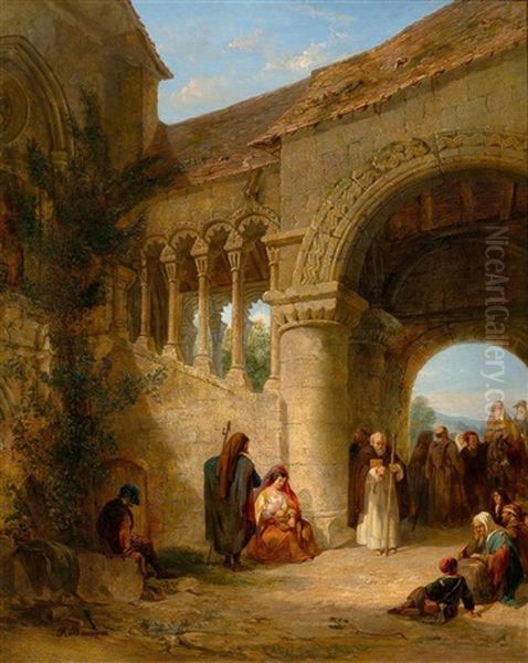 A Group Of Pilgrims Before A Cathedral In Southern Spain Oil Painting by Francois Antoine Bossuet