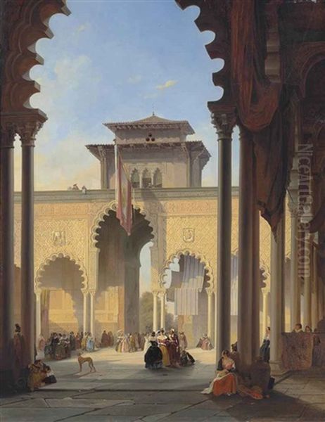 Court Of The Lions, The Alhambra, Granada Oil Painting by Francois Antoine Bossuet