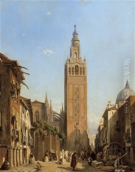 Scene De Rue Pres De La Giralda De Seville Oil Painting by Francois Antoine Bossuet