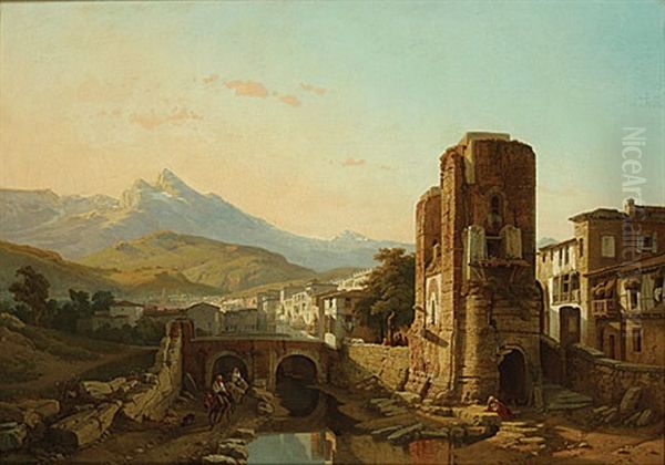 De Ruine Van Een Uitkijktoren In Een Stad In De Bergen Oil Painting by Francois Antoine Bossuet