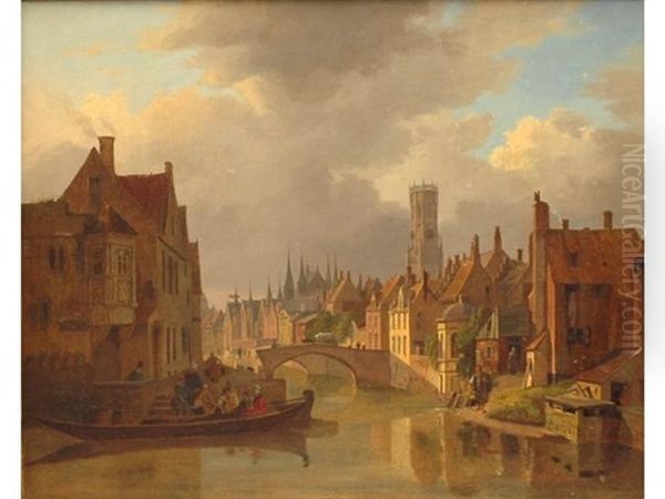 Barque Sur Les Canaux De Bruges Oil Painting by Francois Antoine Bossuet