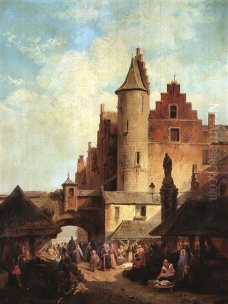 Le Marche Aux Abords Du Steen, Anvers Oil Painting by Francois Antoine Bossuet