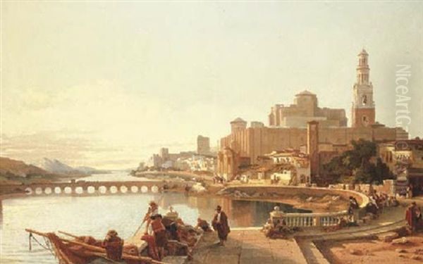 Fisherman And Other Figures On The Banks Of The Guadalquivir River With A View Of The Roman Bridge And The Great Mosque, Cordoba Oil Painting by Francois Antoine Bossuet