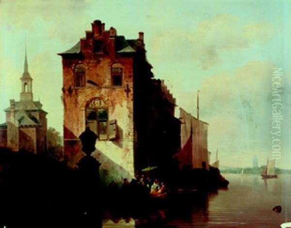 Brussel Belgische Hafenstadt Mit Hohem Zoll- Und Lagergebaude, Einer Kirche Und Personen, Die In Ein Fahrboot Steigen Oil Painting by Francois Antoine Bossuet