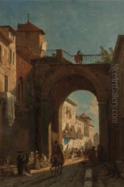 Figures Before The Roman Gate, Saragossa Oil Painting by Francois Antoine Bossuet