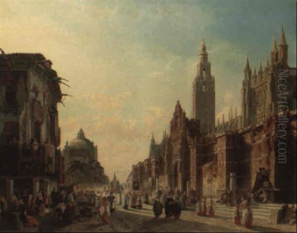 Religious Procession Along La Giralda, Sevilla Oil Painting by Francois Antoine Bossuet