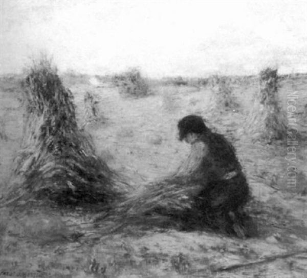 Pumpkins And Corn Stalks, Working In The Autumn Fields Oil Painting by Frederick James Boston