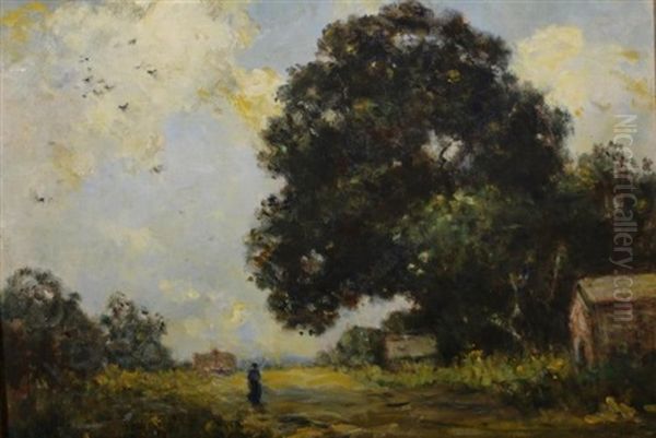 Landscape With Large Tree, Barns And Figure Oil Painting by Joseph Henry Boston