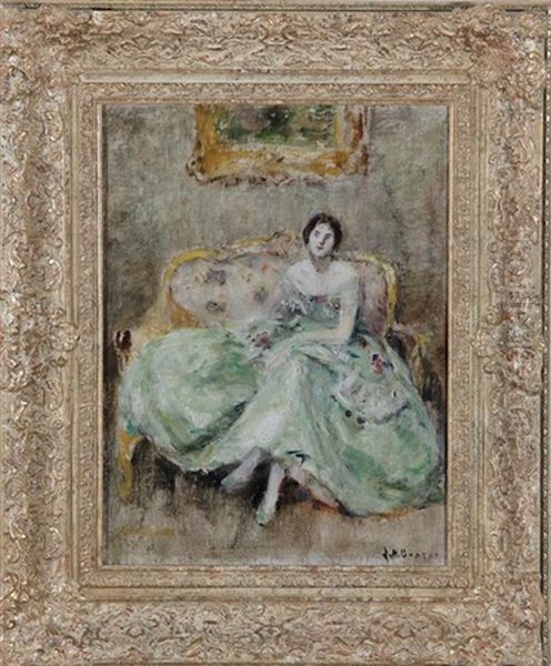 Woman In Green Dress On French Settee Oil Painting by Joseph Henry Boston