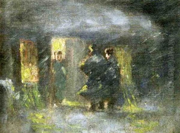 Nocturnal Genre Scene Depicting Travelers At A Cottage Door Oil Painting by Joseph Henry Boston