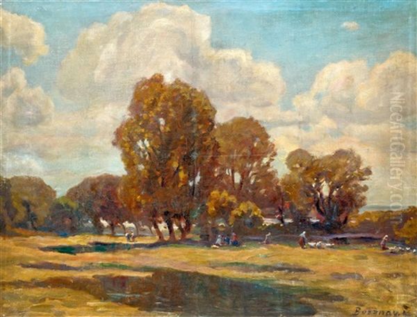 Autumn Landscape With Figures Oil Painting by Istvan Bosznay