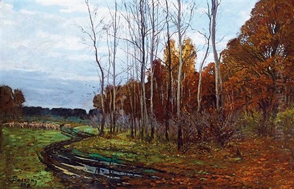 Autumn Forest With Lambs, 1898 Oil Painting by Istvan Bosznay