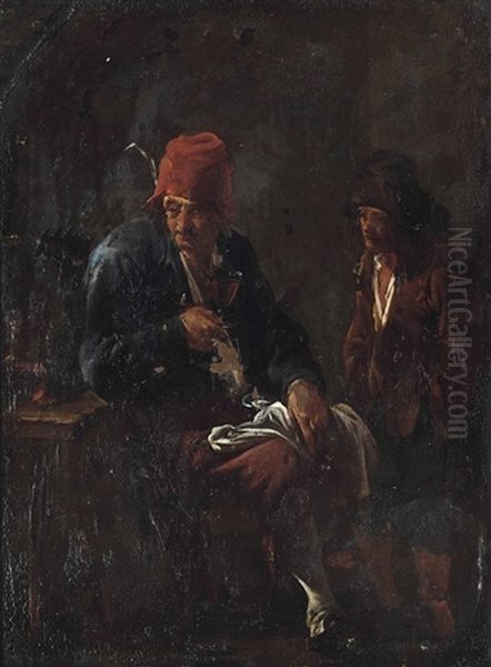 Two Peasants Drinking At A Table, In An Interior Oil Painting by Andries Dirsksz Both