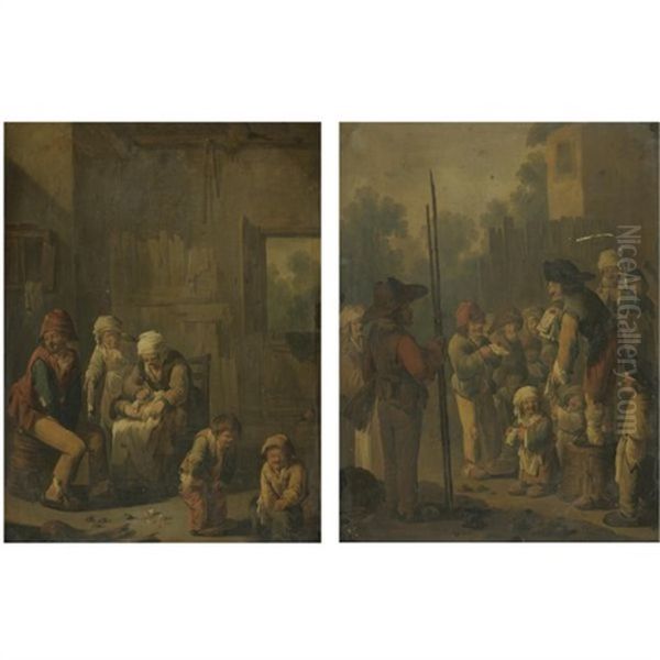 A Barn Interior With A Peasant Family: The Sense Of Smell (+ An Outdoor Scene With A Figure Canvassing To A Crowd: The Sense Of Hearing; Pair) Oil Painting by Andries Dirsksz Both