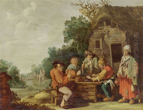 Peasants Eating And Drinking In Front Of An Inn, With A Maid Serving, A Village Beyond Oil Painting by Andries Dirsksz Both