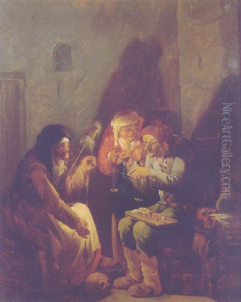 A Vanitas: An Old Man Seated On A Barrel Weighing Gold, An Old Peasant And A Fortune-teller Holding A Candle, In A Barn Oil Painting by Andries Dirsksz Both