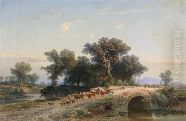 Toskanische Landschaft Mit Steinerner Brucke Und Hirten Oil Painting by Herman Both