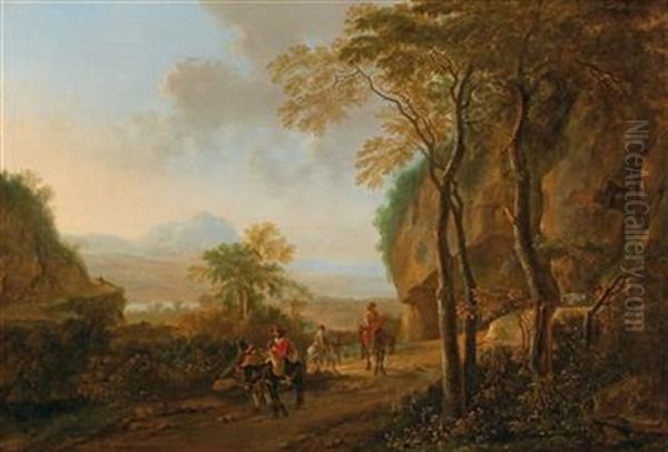 An Italianate Landscape With Travellers Oil Painting by Jan Dirksz. Both