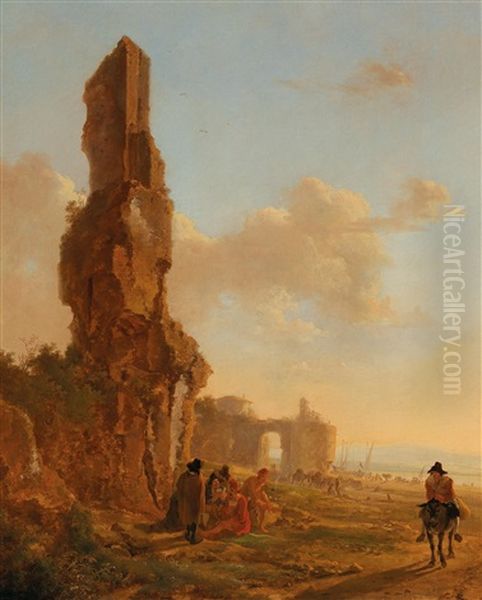 An Italianate Landscape With Ruins Oil Painting by Jan Dirksz. Both