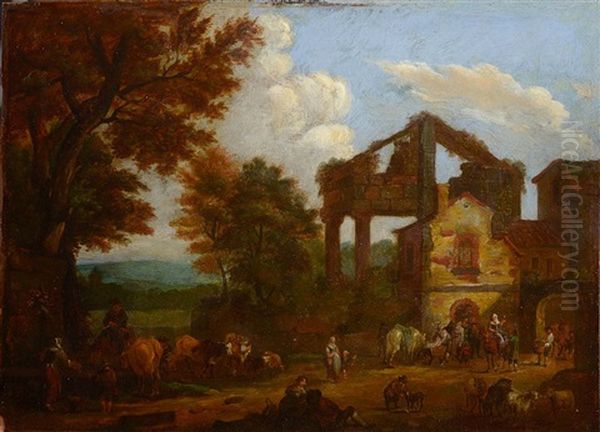 La Halte Des Paysans Et De Leurs Troupeaux Dans Des Ruines Oil Painting by Jan Dirksz. Both