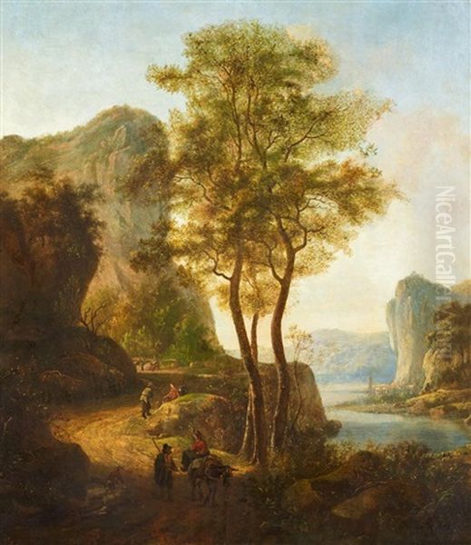 Gebirgslandschaft Mit Reisenden Am Fluss Oil Painting by Jan Dirksz. Both